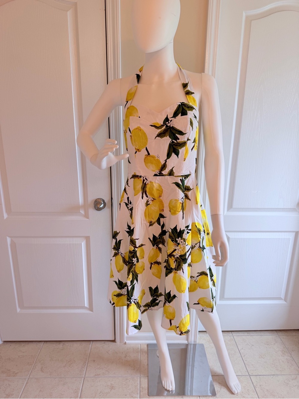 Y2K Yellow Lemon Print Halter Vintage Inspired Midi Sundress Like New Size L